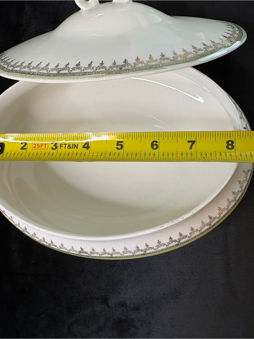 Vintage Homer Laughlin White Covered Serving Dish with Green and Gold Trim - Picture 9 of 10